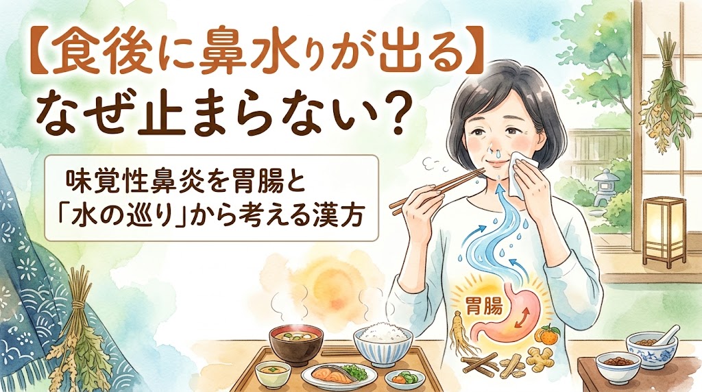 「食後に鼻水が出る」原因と漢方での考え方を解説する動画のサムネイル。食事中に鼻をかむ女性と、胃腸や水の巡りを表すイラストが水彩画で描かれています。