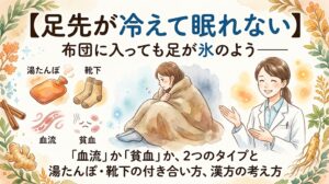 足先の冷えで眠れない原因と対策を解説するサムネイル。毛布にくるまり震える女性、湯たんぽや靴下などの対策アイテム、白衣の薬剤師が水彩画で描かれている。