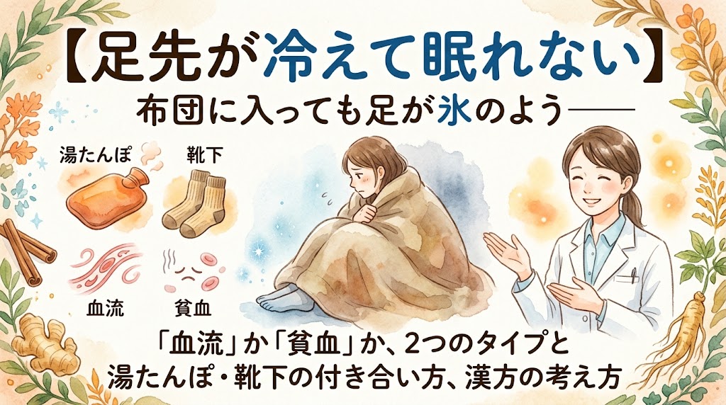 足先の冷えで眠れない原因と対策を解説するサムネイル。毛布にくるまり震える女性、湯たんぽや靴下などの対策アイテム、白衣の薬剤師が水彩画で描かれている。