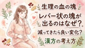 淡いピンクやベージュを基調とした、温かみのある水彩画風のYouTubeサムネイル。 左側には、パジャマ姿で少しお腹をさすりながら、穏やかな表情で考え込んでいる女性(20〜30代)が描かれており、彼女の周囲には漢方の生薬(ショウガや棗など)や、体から温かさが広がるようなハートや気流のイラスト、緑豊かな植物が優しく配置されています。 右側には、丸みのある手書き風のフォントで、以下の日本語テキストが大きく配置されています: 「生理の血の塊」 (上部、茶色) 「レバー状の塊が出るのはなぜ?」 (中央、太い茶色で強調) 「減ってきたら良い変化?」 (中下部、焦げ茶色にアンダーライン) 「漢方の考え方」 (下部、緑色と茶色で植物のイラストが添えられている) 全体ににじみやぼかしを活かした水彩特有の質感があり、生理の悩みに対する安心感や、解決への優しさが感じられるデザインです。