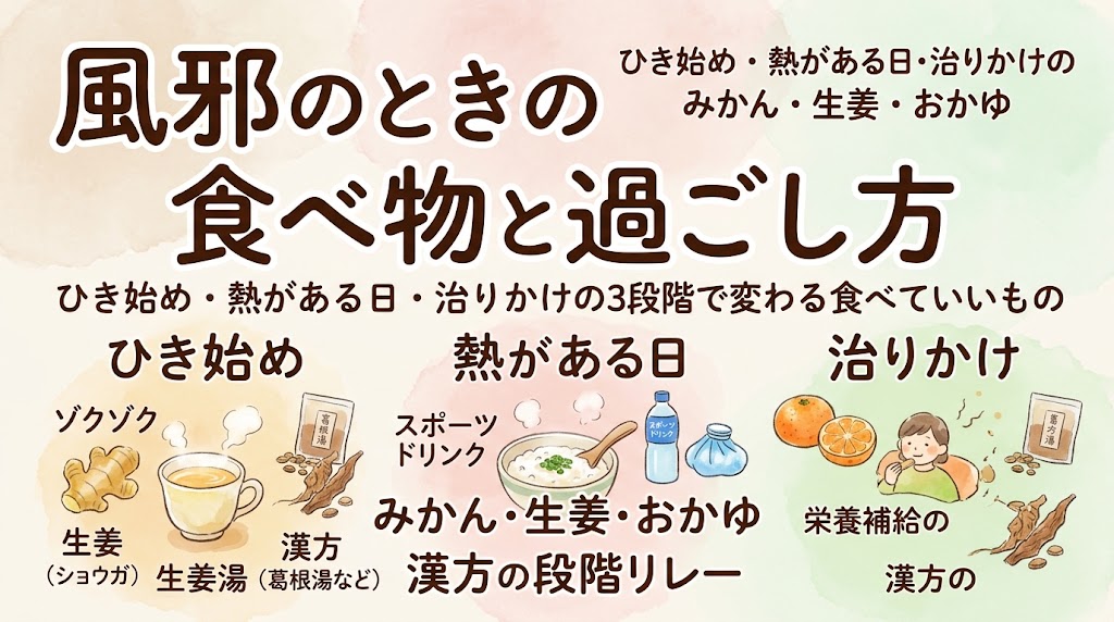 水彩画風のサムネイル画像。上部に大きく「風邪のときの食べ物と過ごし方」と書かれている。画像の下半分は「ひき始め」「熱がある日」「治りかけ」の3つの段階に分割されている。左の「ひき始め」には生姜湯や葛根湯などの漢方、中央の「熱がある日」にはスポーツドリンクやおかゆ、氷嚢、右の「治りかけ」にはみかんを食べながら栄養補給をする女性のイラストが描かれており、症状の変化に合わせた食べ物や漢方のリレーが視覚的にまとめられている。